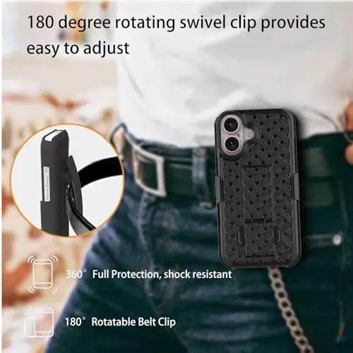 Ailiber Designed for iPhone 16 Plus Case with Stand, iPhone 16plus Belt Clip Holster with Camera Lens&Screen Protector, Swivel 2-in-1 Holder, Slim Shockproof Pouch Full Body Cell Phone Cover-Black - 4