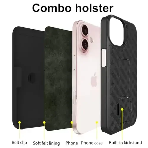 Ailiber iPhone 16 Plus uchun stendli g'ilof, iPhone 16plus kamar qisqichi, kamera linzalari va ekran himoyachisi, aylanuvchi 2-in-1 ushlagich, ingichka zarbga chidamli qopcha to'liq korpusli telefon qopqog'i-qora - 3