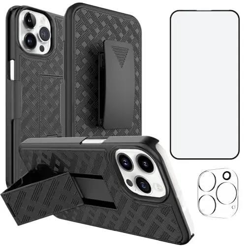 Ailiber iPhone 16 Pro Max uchun stendli g‘ilof, iPhone 16 Max Pro kamar qisqichi, kamera linzalari va ekran himoyachisi, aylanuvchi 2-in-1 ushlagich, ingichka zarbaga chidamli hamyon, to‘liq korpusli telefon qopqog‘i - qora 