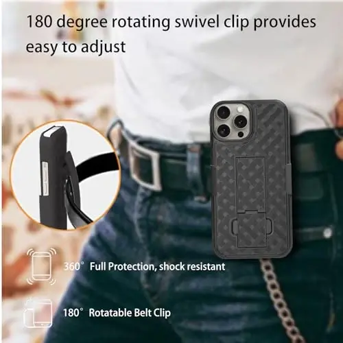 Ailiber iPhone 16 Pro uchun stendli g‘ilof, iPhone 16 Pro kamar qisqichi, kamera linzalari va ekran himoyachisi, aylanuvchi 2-in-1 ushlagich, ingichka zarbga chidamli hamyon, to‘liq korpusli mobil telefon qopqog‘i-qora - 4