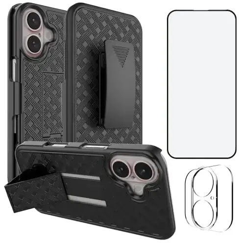 Ailiber iPhone 16 uchun g‘ilof, stendli, iPhone 16 kamar qisqichi, kamera linzalari va ekran himoyachisi bilan, aylanuvchi 2-in-1 ushlagich, ingichka zarbga chidamli qopqoq, to‘liq korpusli himoya mobil telefon qopqog‘i-Qora - 1