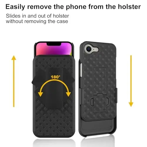 Ailiber iPhone 16e telefon g'ilofi bilan mos, iPhone 16E 2025 kamarga qisqichli g'ilof, ekran himoyachisi, aylanadigan tayanch, ingichka zarbaga chidamli sirpanuvchi qobiq qopqog'i - qora - 6