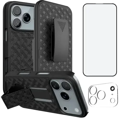 Ailiber Designed for iPhone 17 Pro Case with Stand, iPhone 17 Pro Belt Clip Holster with Camera Lens&Screen Protector, Swivel 2-in-1 Holder, Slim Shockproof Pouch Full Body Cell Phone Cover-Black 