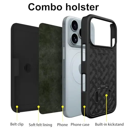 Ailiber Designed for iPhone 17 Pro Case with Stand, iPhone 17 Pro Belt Clip Holster with Camera Lens&Screen Protector, Swivel 2-in-1 Holder, Slim Shockproof Pouch Full Body Cell Phone Cover-Black - 3
