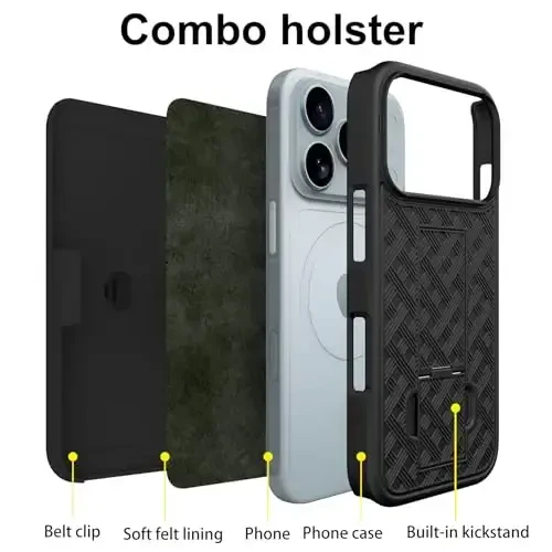 Ailiber iPhone 17 Pro uchun g'ilof, stendli, iPhone 17 Pro kamar qisqichi, kamera linzalari va ekran himoyachisi bilan, aylanadigan 2-in-1 ushlagich, nozik zarbga chidamli qopqoq, to'liq tanani qoplaydigan telefon qopqog'i-Qora - 3