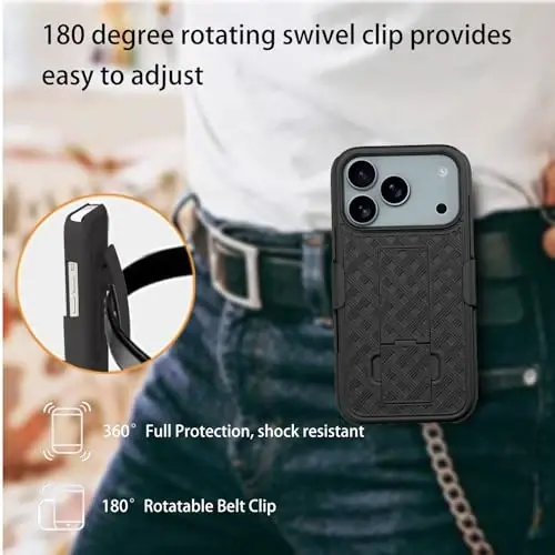 Ailiber iPhone 17 Pro uchun g'ilof, stendli, iPhone 17 Pro kamar qisqichi, kamera linzalari va ekran himoyachisi bilan, aylanadigan 2-in-1 ushlagich, nozik zarbga chidamli qopqoq, to'liq tanani qoplaydigan telefon qopqog'i-Qora - 4