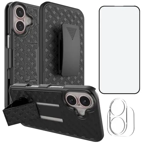 Ailiber iPhone 17 uchun g'ilof, stendli, iPhone 17 kamar qisqichi, kamera linzalari va ekran himoyachisi, aylanuvchi 2-in-1 ushlagich, ingichka zarbga chidamli sumka, to'liq korpusli himoya mobil telefon qopqog'i-Qora - AILIBER