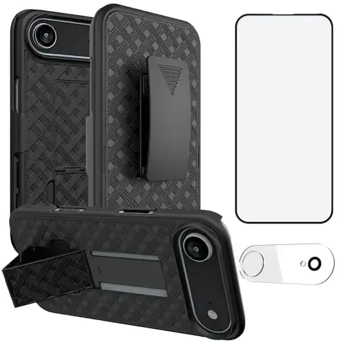 Ailiber Designed for iPhone Air Case with Stand, iPhone Air Belt Clip Holster with Camera Lens&Screen Protector, Swivel 2-in-1 Holder, Slim Shockproof Pouch Full Body Protective Cell Phone Cover-Black - AILIBER