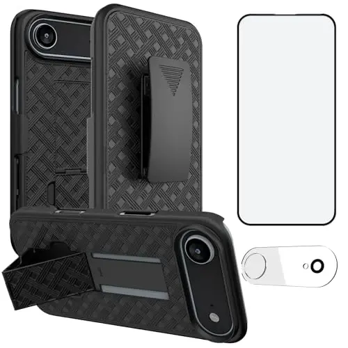 Ailiber iPhone Air uchun gʻilof, kamerali linza va ekran himoyachisi bilan iPhone Air kamar qisqichi, aylanuvchi 2-in-1 ushlagich, nozik zarbaga chidamli qopqoq, toʻliq korpusli himoya mobil telefon qopqogʻi-Qora - AILIBER