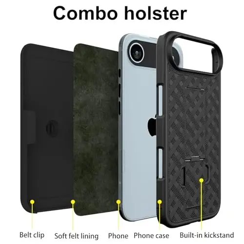 Ailiber iPhone Air uchun gʻilof, kamerali linza va ekran himoyachisi bilan iPhone Air kamar qisqichi, aylanuvchi 2-in-1 ushlagich, nozik zarbaga chidamli qopqoq, toʻliq korpusli himoya mobil telefon qopqogʻi-Qora - 3