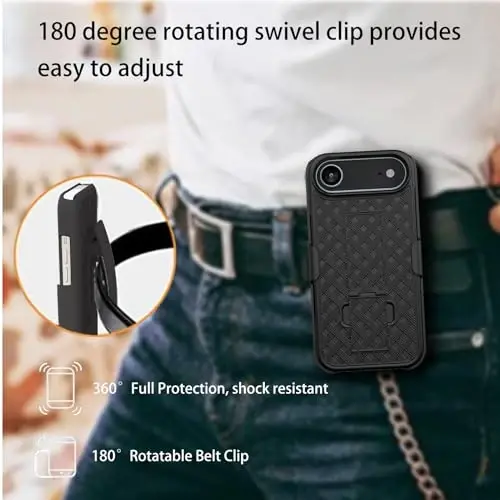 Ailiber iPhone Air uchun gʻilof, kamerali linza va ekran himoyachisi bilan iPhone Air kamar qisqichi, aylanuvchi 2-in-1 ushlagich, nozik zarbaga chidamli qopqoq, toʻliq korpusli himoya mobil telefon qopqogʻi-Qora - 4
