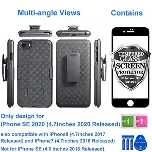 Ailiber iPhone SE 2022 g'ilofi bilan mos, iPhone SE 2020/ iPhone 7/8 G'ilof G'ilofi Ekran himoyachisi bilan, Aylanadigan kamar qisqichi tayanchi, iPhone SE (3-avlod)-Qora uchun ingichka qobiqli himoya telefon qopqog'i - 2