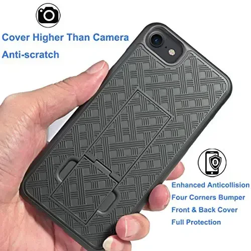 Ailiber iPhone SE 2022 g'ilofi bilan mos, iPhone SE 2020/ iPhone 7/8 G'ilof G'ilofi Ekran himoyachisi bilan, Aylanadigan kamar qisqichi tayanchi, iPhone SE (3-avlod)-Qora uchun ingichka qobiqli himoya telefon qopqog'i - 7