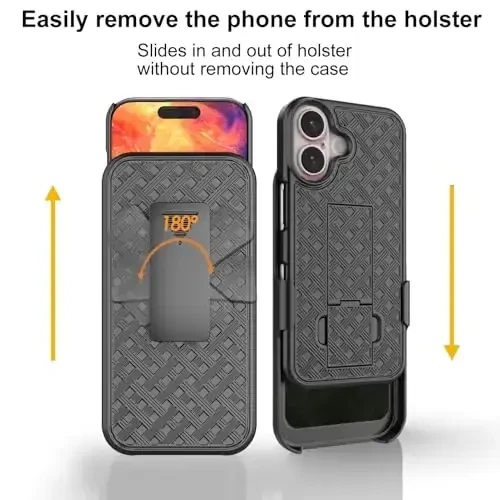 Ailiber разработан для чехла iPhone 16 Plus с подставкой, кобура для iPhone 16plus с зажимом для ремня, с защитной пленкой для объектива камеры и экрана, вращающийся держатель 2-в-1, тонкий противоударный чехол для телефона во весь корпус-черный - 7