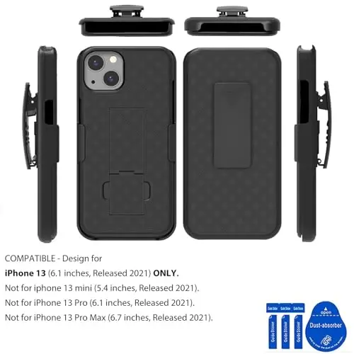 Ailiber Совместим с чехлом для iPhone 13, чехол для iPhone 13 с кобурой, защитная пленка для экрана, поворотный зажим для ремня, подставка, тонкий противоударный чехол-слайдер для iPhone 14 6.1 дюйма - черный 