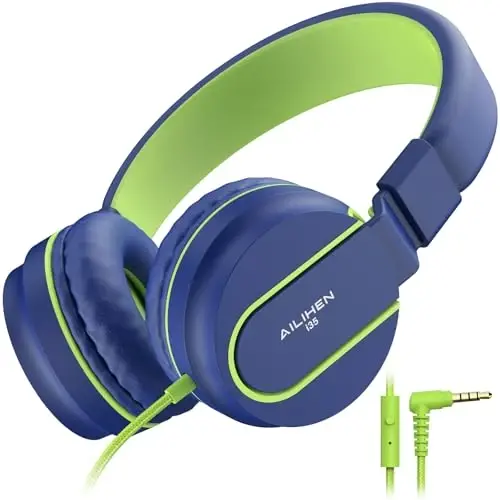 AILIHEN Bolalar uchun quloqchinlar, Maktab uchun I35 quloqchinlari, Xavfsiz ovoz 93dB, Bolalar qizlar uchun HD mikrofonli stereo quloqchin, Chromebook, noutbuk, kompyuter, planshet uchun buklanadigan 3,5 mm simli (ko'k yashil) - 5