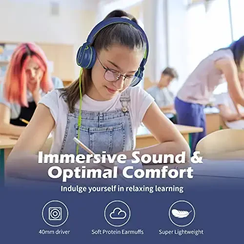 AILIHEN Bolalar uchun quloqchinlar, Maktab uchun I35 quloqchinlari, Xavfsiz ovoz 93dB, Bolalar qizlar uchun HD mikrofonli stereo quloqchin, Chromebook, noutbuk, kompyuter, planshet uchun buklanadigan 3,5 mm simli (ko'k yashil) - AILIHEN