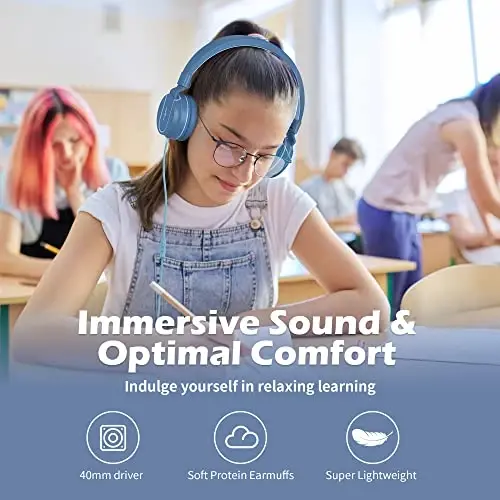 AILIHEN Kids Headphones, I35 On-Ear Headphones for School, Safe Volume 93dB, HD Mic Stereo Headphone for Kid Girls Boys, Foldable 3.5mm Wired for Chromebook, Laptop, Computer, Tablet (Blue) - AILIHEN