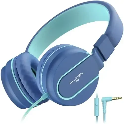 AILIHEN Kids Headphones, I35 Quloq ustidagi naushniklar maktab uchun, Xavfsiz ovoz 93dB, HD mikrofonli bolalar uchun stereo naushniklar, Chromebook, noutbuk, kompyuter, planshet uchun buklanadigan 3,5 mm simli (ko'k) - 6