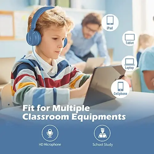 AILIHEN Kids Headphones, I35 Quloq ustidagi naushniklar maktab uchun, Xavfsiz ovoz 93dB, HD mikrofonli bolalar uchun stereo naushniklar, Chromebook, noutbuk, kompyuter, planshet uchun buklanadigan 3,5 mm simli (ko'k) - 2