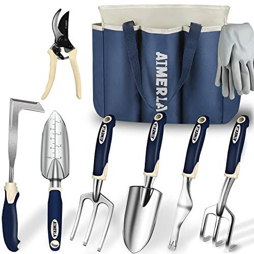 Aimerla Gardening Tools Set of 9 Heavy Duty Garden Tools with Non-Slip Rubber Grip with Large Garden Bag for Tools Durable Hand Tools for Gardening, Weeding,Gardening Gifts for Women,Men - 1