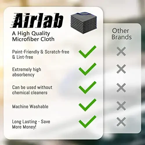 Airlab Microfiber Towels for Cars Wash Drying Auto Detailing, Highly Absorbent, Lint-Free, Streak-Free, All-Purpose Cleaning Cloths for Household, 16