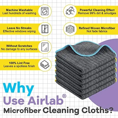 Airlab Mikrofiber Temizlik Bezi, Ev Toz Bezleri, Çok Amaçlı Hav bırakmayan Mutfak Bezleri, Yeniden Kullanılabilir 6'lı Paket, 12
