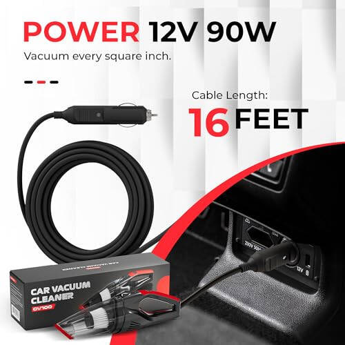 Airmoto Avtomobil Vakuum Tozalagich Yuqori Quvvatli 16 Futli Simli - 12V Ko'chma Qo'l Vakuum Tozalagich Avtomobil Uchun - Kuchli So'rish Xususiyatiga Ega Chang Yutish - Ayollar va Erkaklar Uchun Avtomobil Aksessuarlari - 5