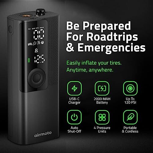 Airmoto Tire Inflator Portable Air Compressor - Air Pump For Car Tires with Digital Pressure Gauge, LED Light and Auto Shut-Off Function - Cordless Pump for Car, Motorcycle, Bicycle, Balls and More - 2