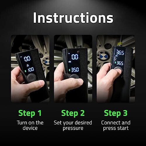 Airmoto Tire Inflator Portable Air Compressor - Air Pump For Car Tires with Digital Pressure Gauge, LED Light and Auto Shut-Off Function - Cordless Pump for Car, Motorcycle, Bicycle, Balls and More - 4