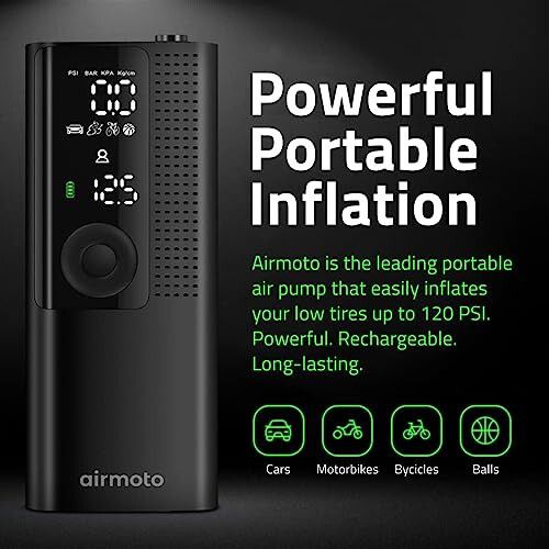 Airmoto Shinalar uchun Portativ Kompressor - Raqamli Bosim O'lchagichli Avtomobil Shinalari uchun Havo Nasosi, LED yorug'lik va Avtomatik O'chirish Funktsiyasi - Avtomobil, Mototsikl, Velosiped, To'plar va boshqalar uchun Simsiz Nasos - Airmoto