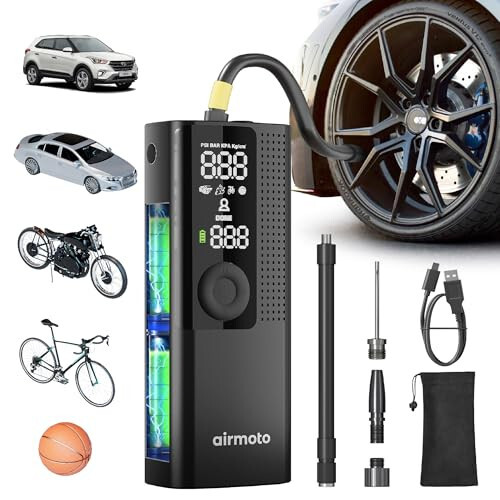 Airmoto Shinalar uchun Portativ Kompressor - Raqamli Bosim O'lchagichli Avtomobil Shinalari uchun Havo Nasosi, LED yorug'lik va Avtomatik O'chirish Funktsiyasi - Avtomobil, Mototsikl, Velosiped, To'plar va boshqalar uchun Simsiz Nasos - 6