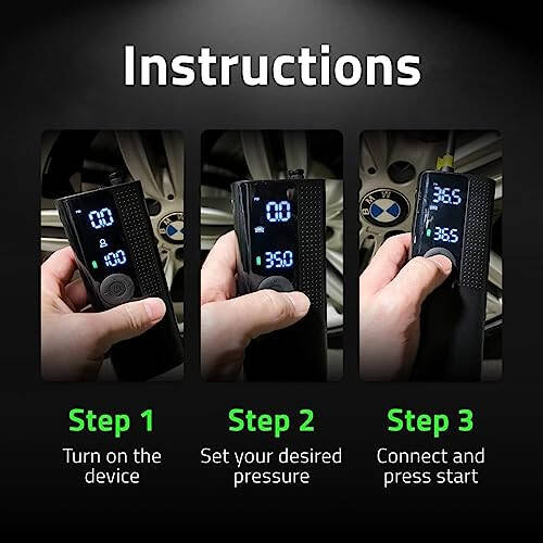 Airmoto Tire Inflator Portable Air Compressor - Air Pump For Car Tires with Digital Pressure Gauge, LED Light and Auto Shut-Off Function - Cordless Pump for Car, Motorcycle, Bicycle, Balls and More - 4