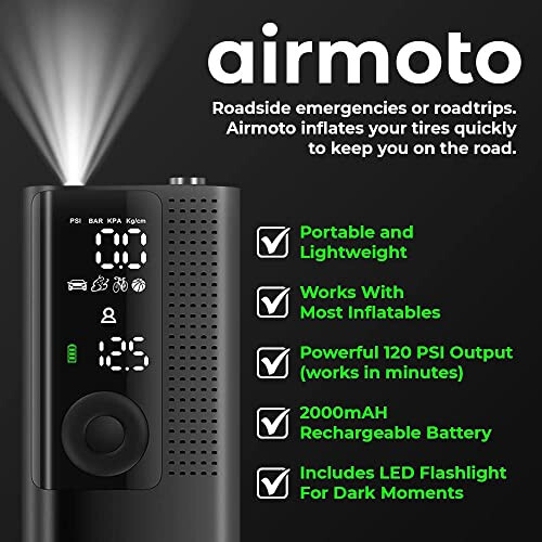 Airmoto Tire Inflator Portable Air Compressor - Air Pump For Car Tires with Digital Pressure Gauge, LED Light and Auto Shut-Off Function - Cordless Pump for Car, Motorcycle, Bicycle, Balls and More - 5