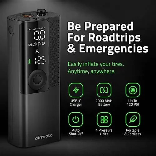 Airmoto Tire Inflator Portable Air Compressor - Air Pump For Car Tires with Digital Pressure Gauge, LED Light and Auto Shut-Off Function - Cordless Pump for Car, Motorcycle, Bicycle, Balls and More - 2
