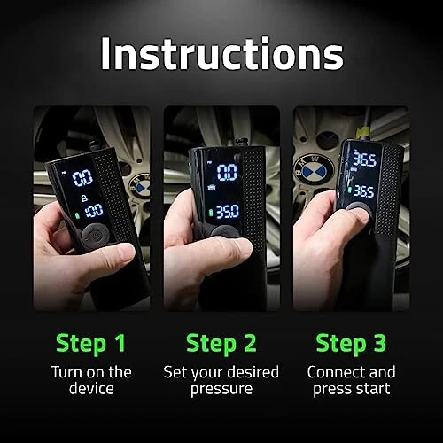 Airmoto Tire Inflator Portable Air Compressor - Air Pump For Car Tires with Digital Pressure Gauge, LED Light and Auto Shut-Off Function - Cordless Pump for Car, Motorcycle, Bicycle, Balls and More - 4