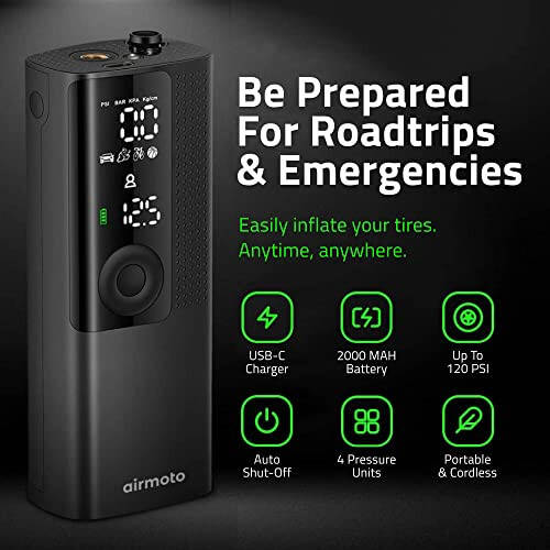 Airmoto va Power Kit to'plami — 1 to'plam — uyda va yo'lda qayta zaryadlash uchun Power Kitli portativ havo kompressori bilan shinalarni to'ldiruvchi — Avtomobil, mototsikl, velosiped shinalari uchun akkumulyatorli havo nasosi - 6