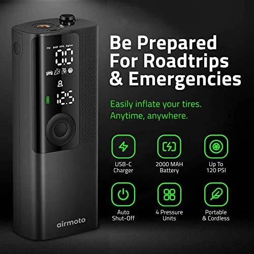 Airmoto va Power Kit to'plami — 1 to'plam — uyda va yo'lda qayta zaryadlash uchun Power Kitli portativ havo kompressori bilan shinalarni to'ldiruvchi — Avtomobil, mototsikl, velosiped shinalari uchun akkumulyatorli havo nasosi - 6