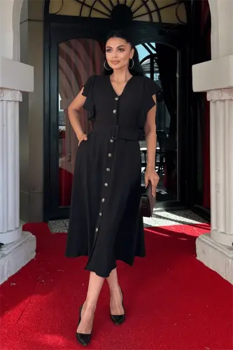 Айробин Ткань Пуговица Деталь Платье - ЧЕРНЫЙ - 1