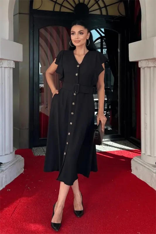 Айробин Ткань Пуговица Деталь Платье - ЧЕРНЫЙ - BÜYÜKBEDENIZ