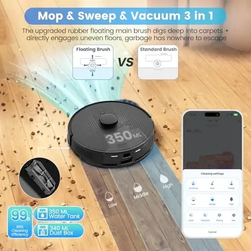 AIRROBO Robot changyutkich va mop kombinatsiyasi, o'zi bo'shatuvchi, 60 kunlik sig'im, uy xaritasi, jadval, Wi-Fi/App/Alexa/Remote, 180 daqiqa ishlash vaqti, uy hayvonlari, qattiq pollar, gilamlar uchun T20+ robot changyutgich - 5