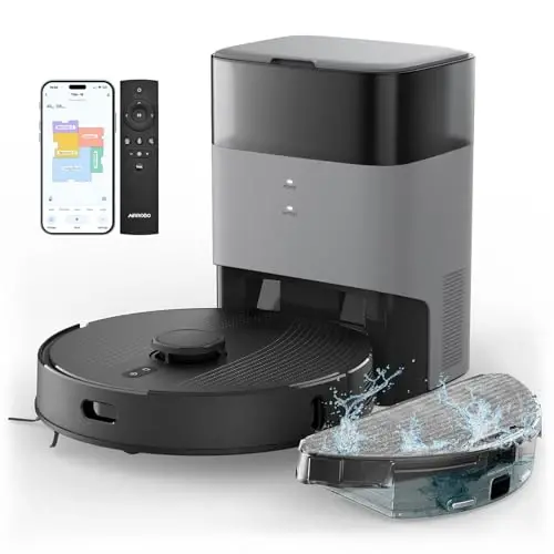 AIRROBO Robot changyutkich va mop kombinatsiyasi, o'zi bo'shatuvchi, 60 kunlik sig'im, uy xaritasi, jadval, Wi-Fi/App/Alexa/Remote, 180 daqiqa ishlash vaqti, uy hayvonlari, qattiq pollar, gilamlar uchun T20+ robot changyutgich - 1