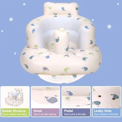 AirSwim Inflatable Baby Chair, Inflatable Baby Seat for Babies 3 Months and Up, Summer Blow Up Chair with Built in Air Pump, Bumbo Seat for Learning to Sit, Palying, Camping, Whale - 2