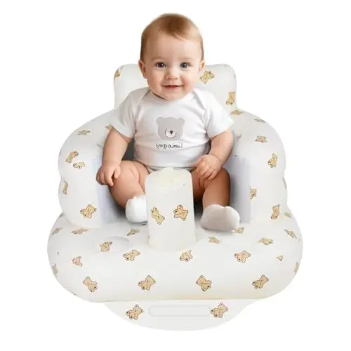AirSwim Inflatable Baby Seat, Inflatable Baby Chair for Babies 3 Months and Up Summer Baby Inflatable Seat for Sitting Up, Blow Up Baby Floor Seat with Built in Air Pump, Bear 