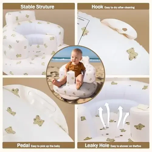AirSwim Inflatable Baby Seat, Inflatable Baby Chair for Babies 3 Months and Up Summer Baby Inflatable Seat for Sitting Up, Blow Up Baby Floor Seat with Built in Air Pump, Bear - 2