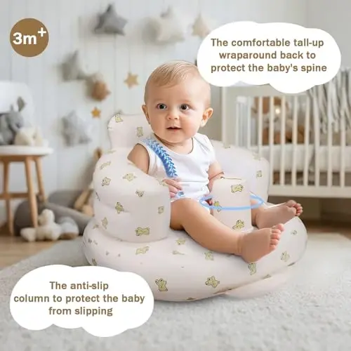 AirSwim Inflatable Baby Seat, Inflatable Baby Chair for Babies 3 Months and Up Summer Baby Inflatable Seat for Sitting Up, Blow Up Baby Floor Seat with Built in Air Pump, Bear - 3
