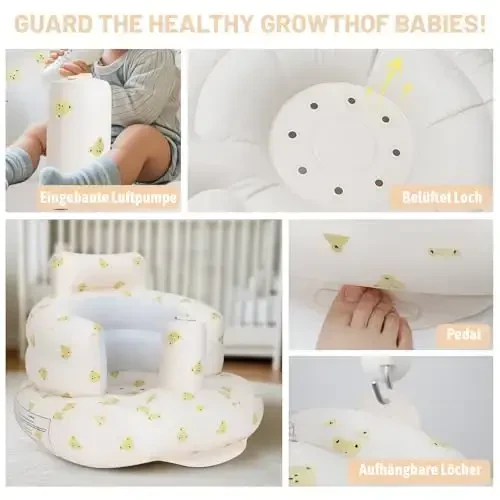 AirSwim Inflatable Baby Seat, Inflatable Baby Chair for Babies 3 Months and Up, Summer Blow Up Chair with Built in Air Pump, Infant Floor Seats for Learning to Sit, Palying, Camping, Bear Head - 3