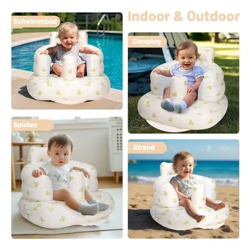 AirSwim Inflatable Baby Seat, Inflatable Baby Chair for Babies 3 Months and Up, Summer Blow Up Chair with Built in Air Pump, Infant Floor Seats for Learning to Sit, Palying, Camping, Bear Head - 3
