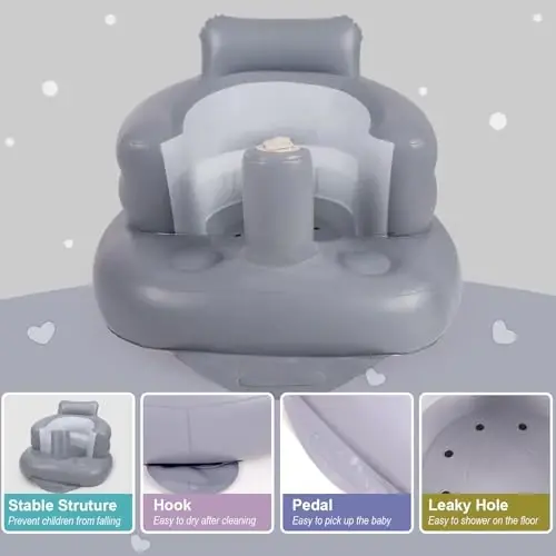 AirSwim Inflatable Baby Seat, Inflatable Baby Chair for Babies 3 Months and Up, Summer Blow Up Chair with Built in Air Pump, Infant Floor Seats for Learning to Sit, Palying, Camping, Grey - 3