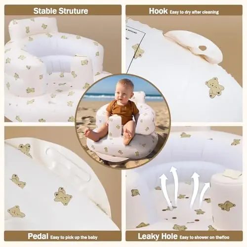 AirSwim Inflatable Baby Seat, Inflatable Baby Chair for Babies 3 Months and Up Summer Baby Inflatable Seat for Sitting Up, Blow Up Baby Floor Seat with Built in Air Pump, Bear - 2